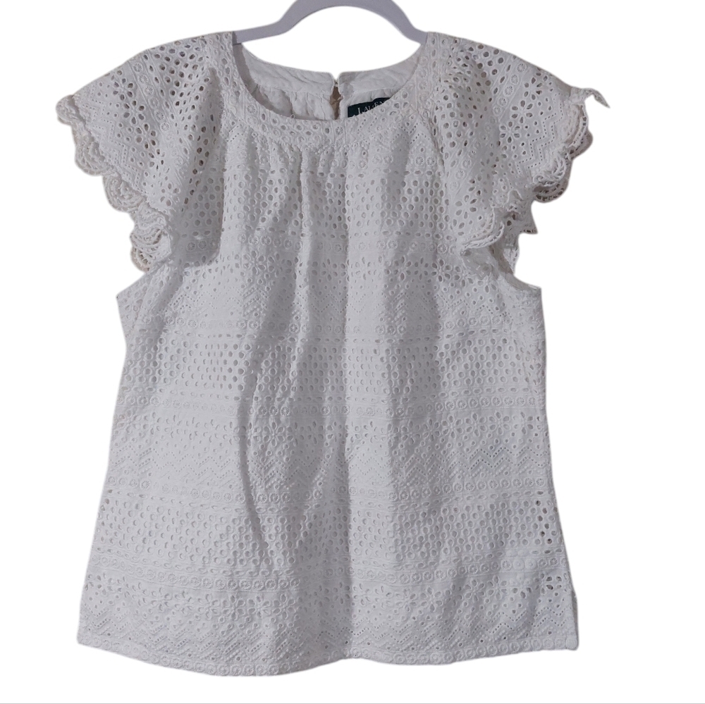 Lauren Ralph Lauren Chic White Eyelet Blouse- size L - Picture 2 of 8